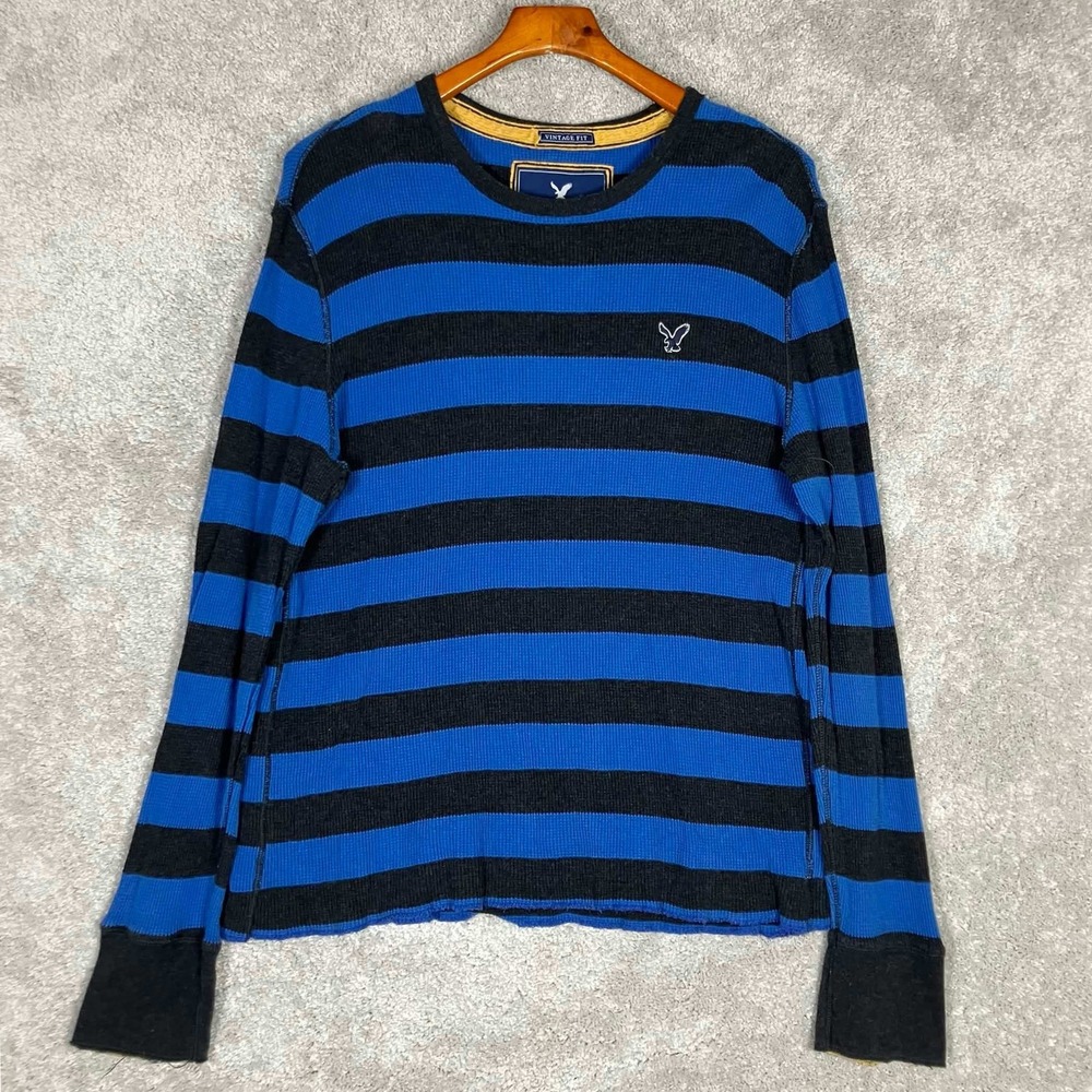 American Eagle Mens XL Vintage Fit Blue Black Striped Thermal Waffle Knit Shirt